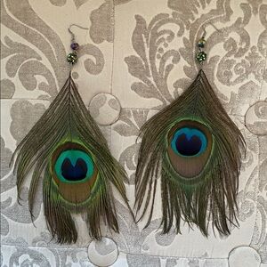 Large Boho Peacock Feather Earrings
